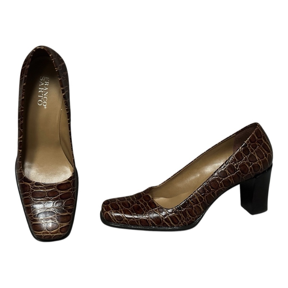 Vintage 90s/Y2K Franco Sarto Square Toe Leather Block Heels Chic Retro Academia